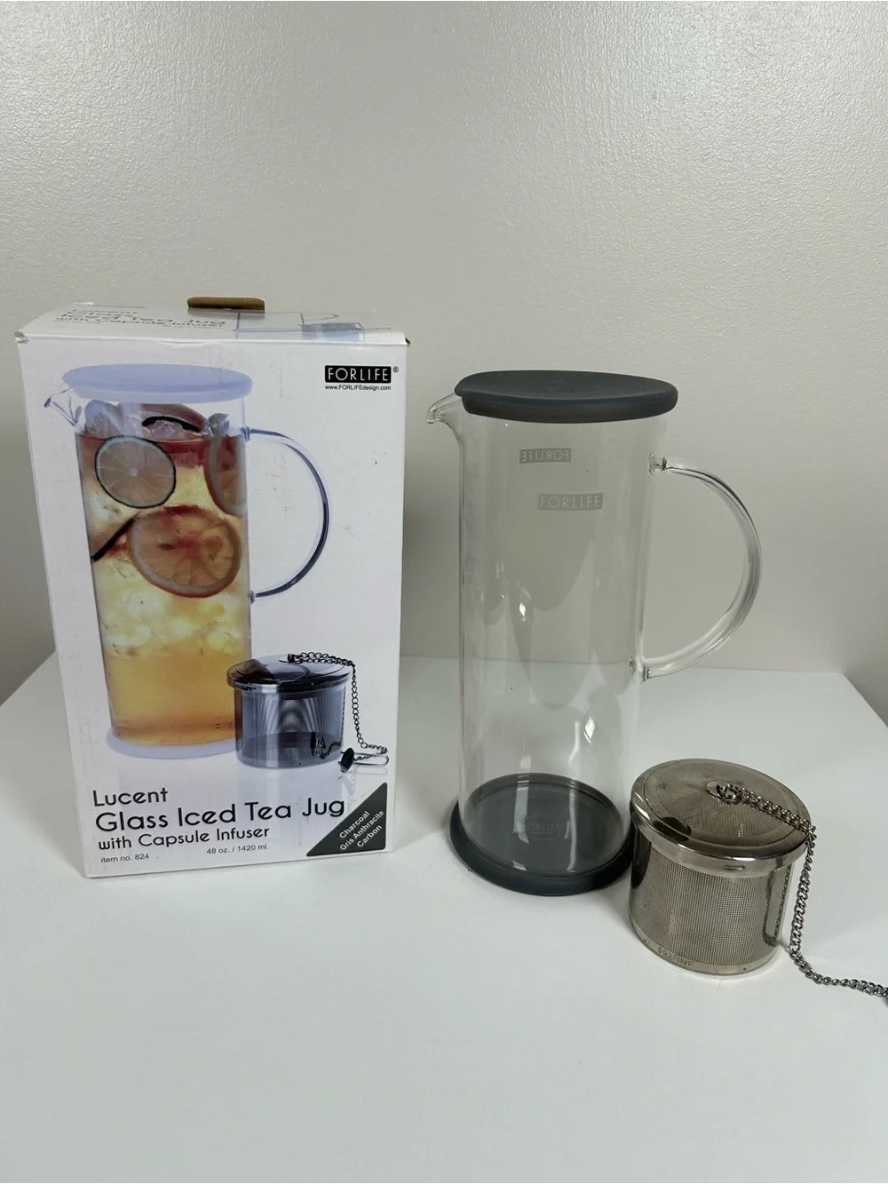 FORLIFE LUCENT Glass Iced Tea Jug with Charcoal Lid and Infuser 48-Ounce